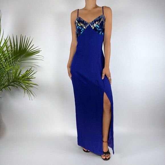 Vintage 90s Blue Sequin Glam Slit Evening Prom Homecoming Dress / Size: 11-12 - Picture 4 of 12